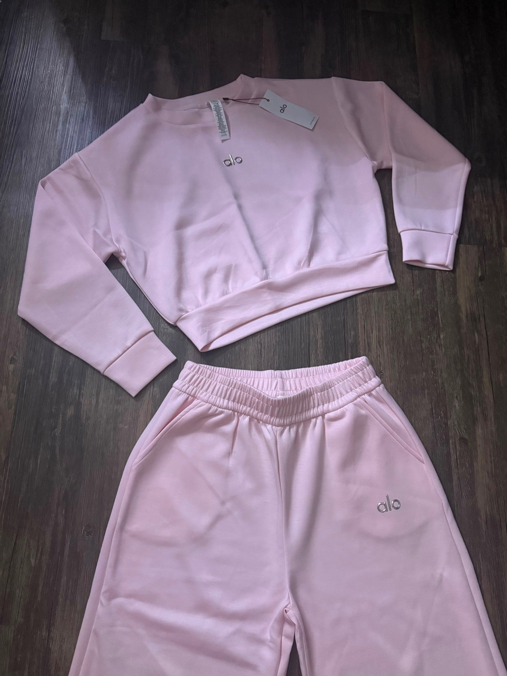 ALO Yoga Kids Light Pink Sweatshirt and Joggers Set